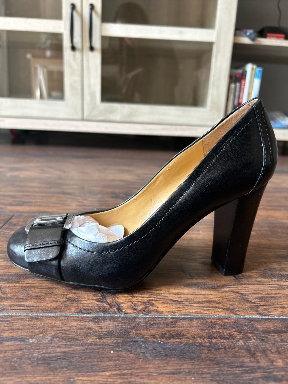 Nine West, Women, Black Leather Heeled Pumps with Silver Buckle - Picture 6 of 12